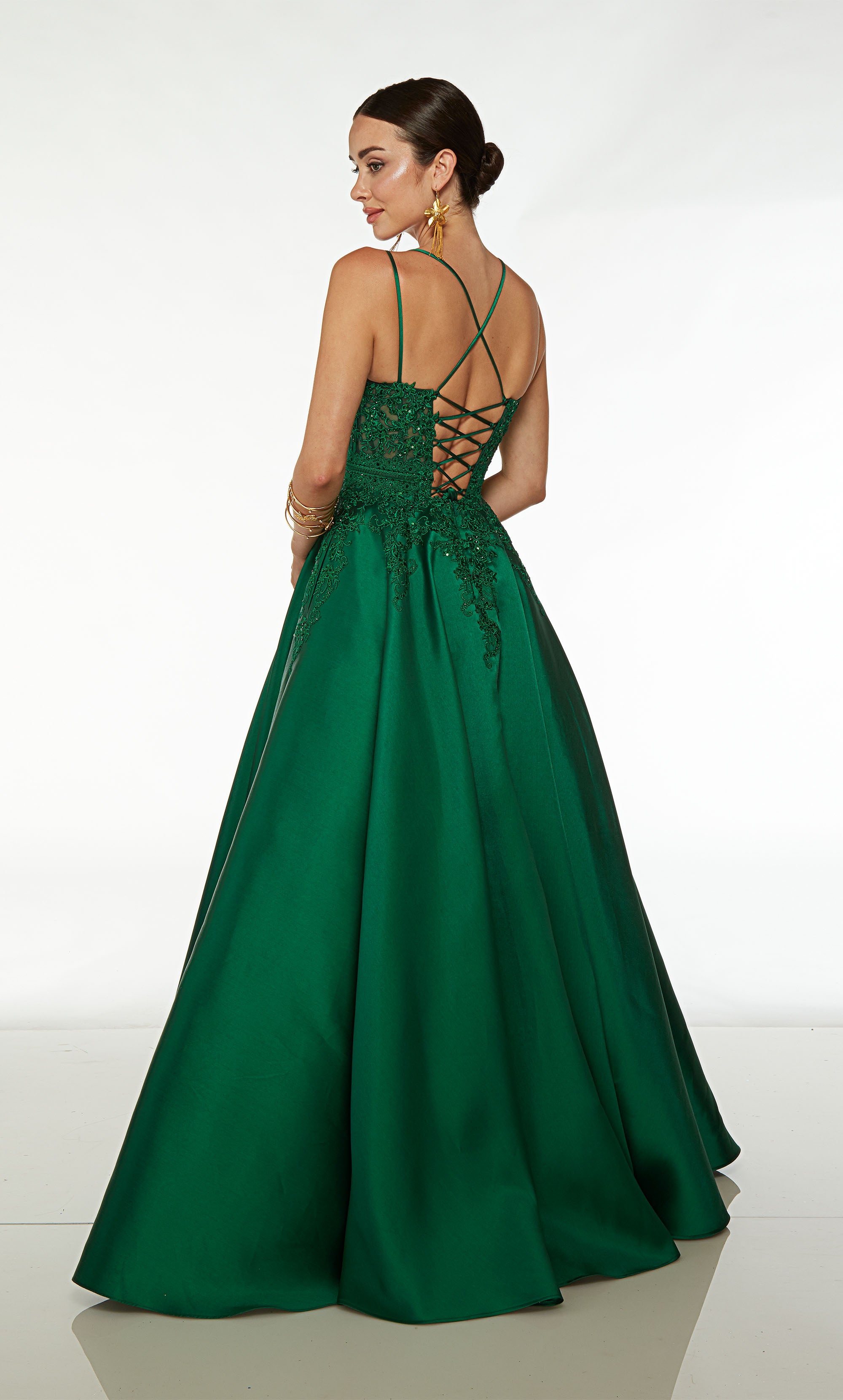 A Line V Neck Satin Long Emerald Green Prom Dresses with Pocket, V Nec –  Shiny Party